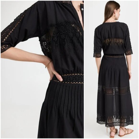 LoveShackFancy Beth Maxi Dress black size L large black cotton sheer voile shirt - Picture 4 of 16